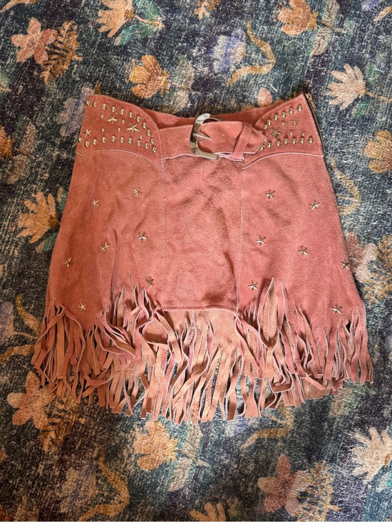 Understated Leather Dresses & Skirts - Understated Leather Fringed Suede Mini Skirt with Star Studs - Rust